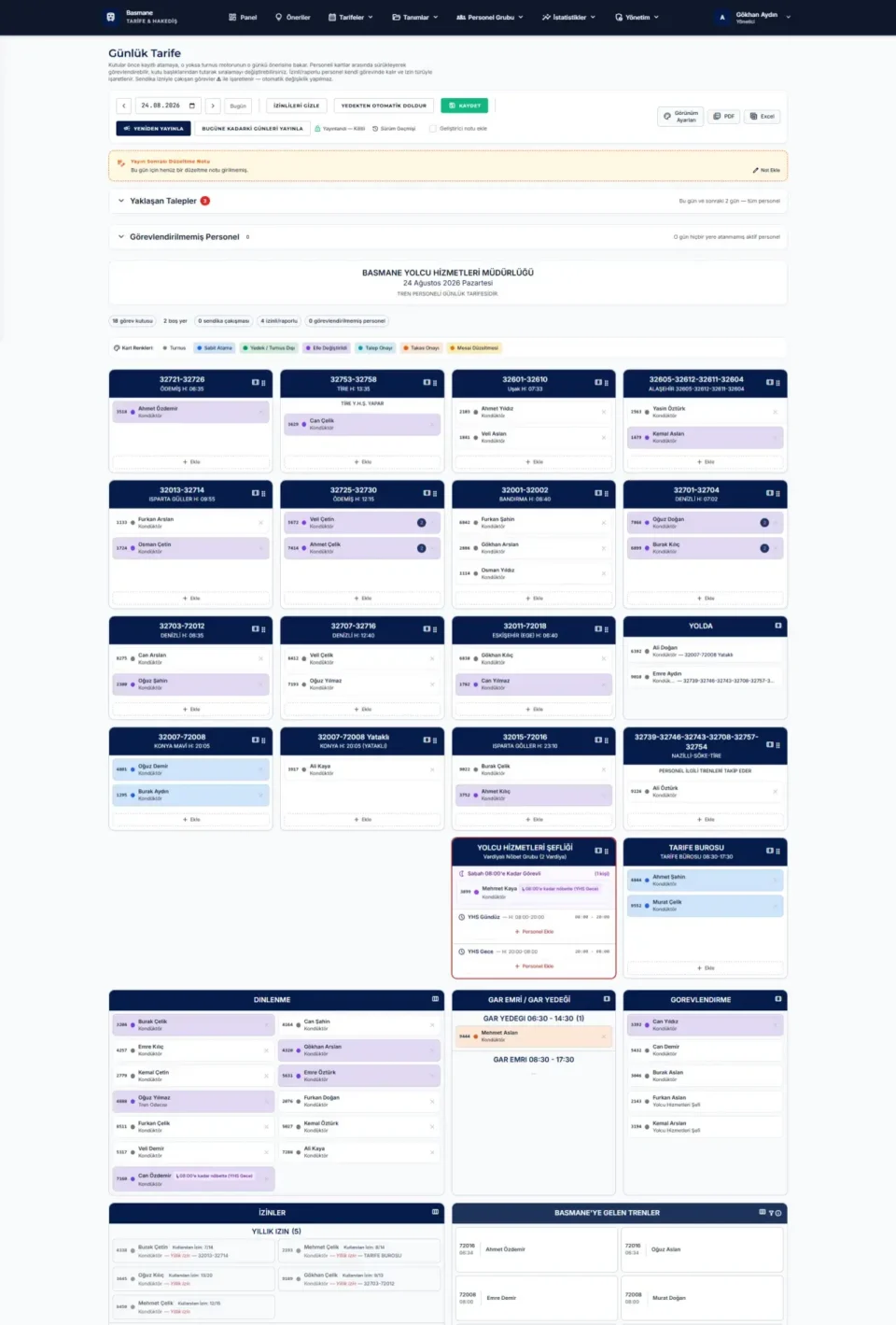 TCDD Tarife System home dashboard