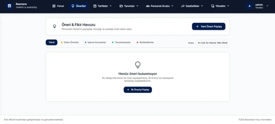 TCDD Tarife System request collection screen