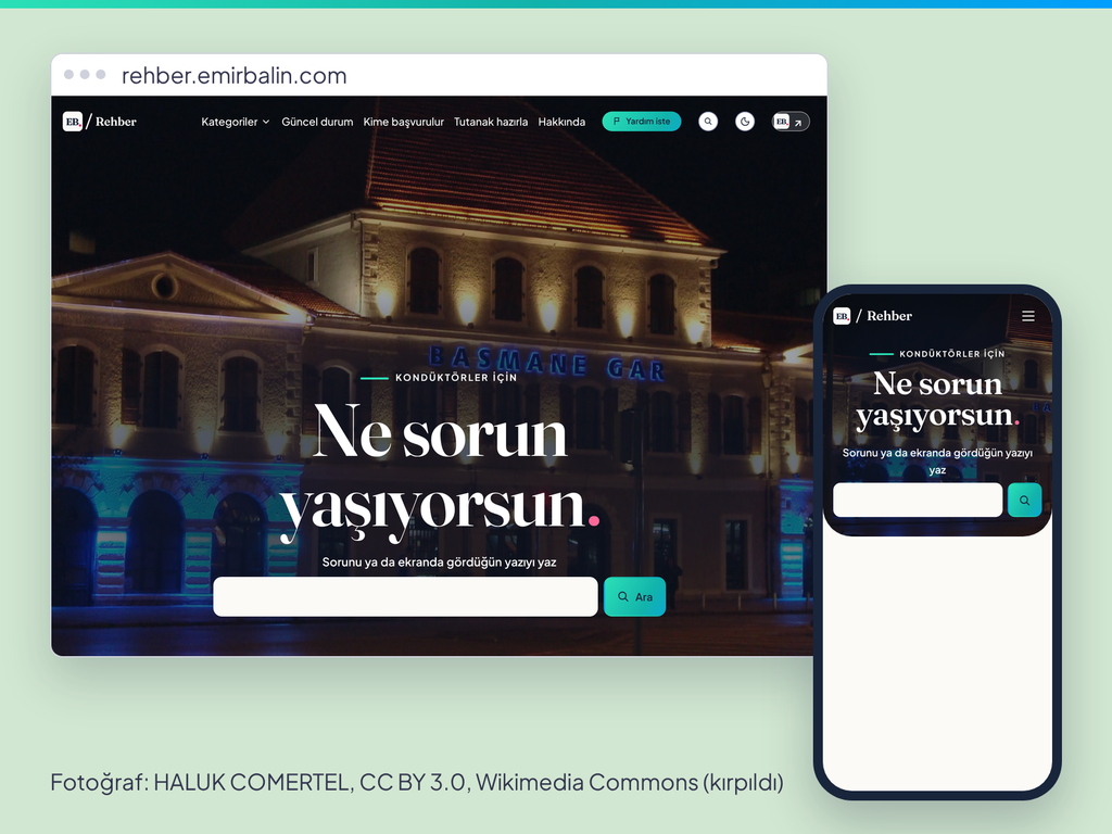 Kondüktör rehberi Rehber: Rehber'in ana sayfası masaüstünde ve telefonda, arama kutusuyla birlikte