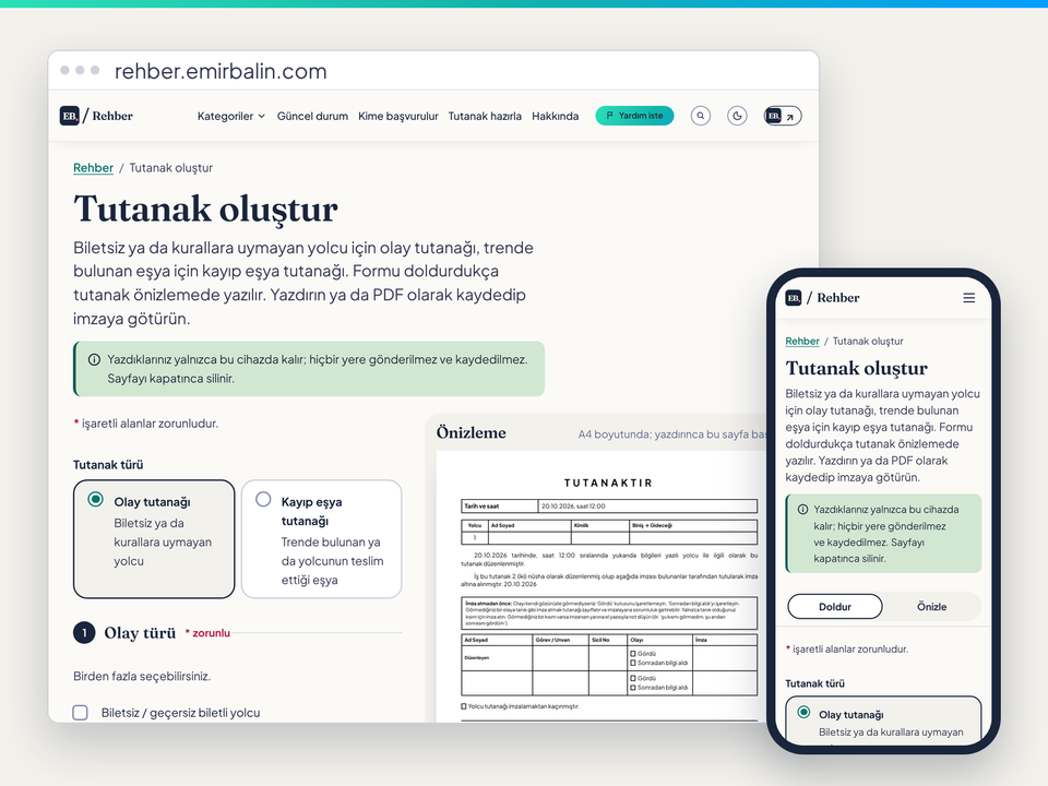 Tutanak oluştur sayfası boş haliyle: solda form, sağda A4 önizleme; yanında telefon görünümü