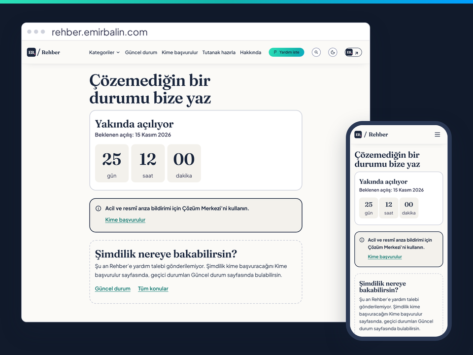 Yardım iste sayfası: yakında açılıyor kartı ve 15 Kasım 2026'ya geri sayım