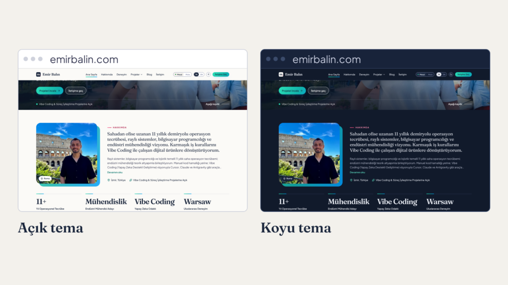 Ana sayfanın masaüstü görünümü: solda açık tema, sağda koyu tema