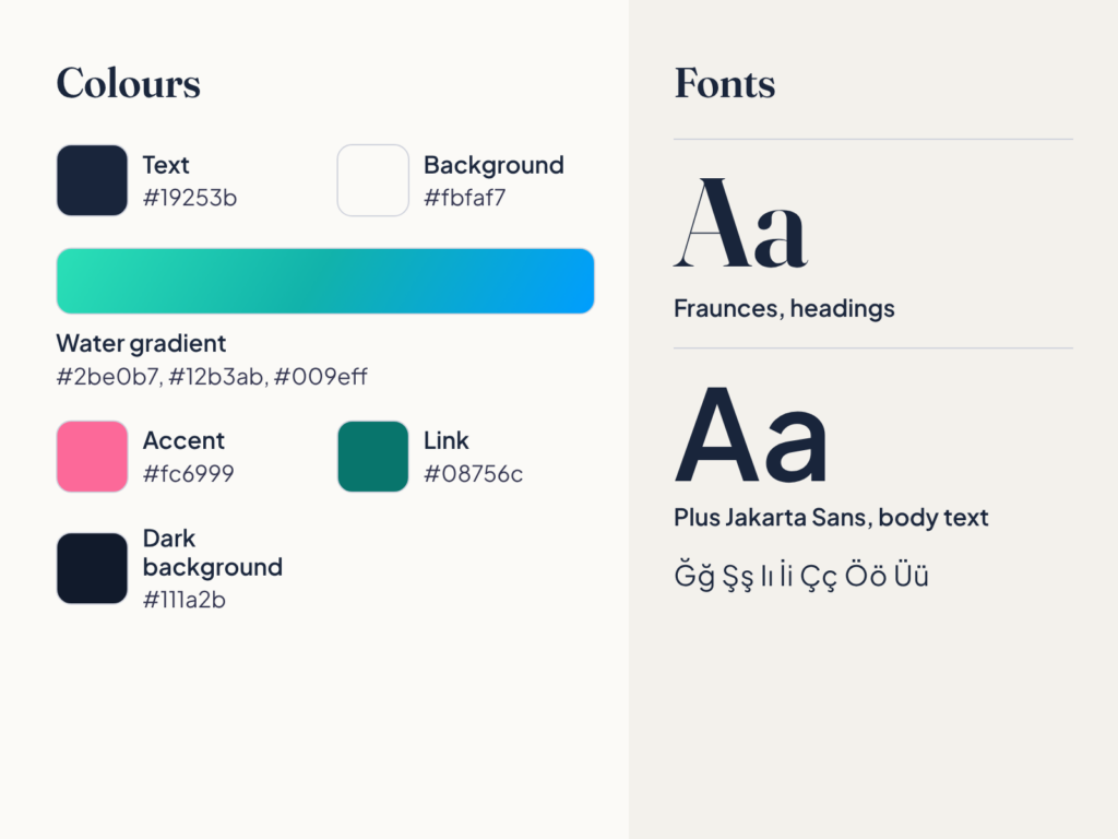 emirbalin.com redesign: the site's colours and fonts; navy text, warm off-white background, a turquoise to blue gradient, a pink accent, Fraunces for headings and Plus Jakarta Sans for body text
