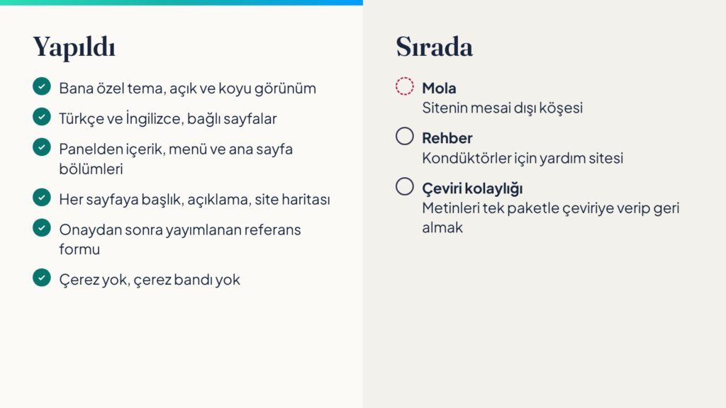Yapılanlar ve sıradaki işler listesi